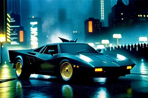 Prompt: A hyper-realistic photo for the Batmobile from Batman (1989), night-exposure, rainy, futuristic city like Blade Runner.