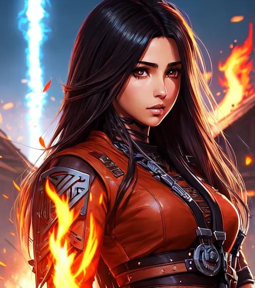 Prompt: Manga cover art. Naomi Scott with brown long hair, wearing brown well oil leather tribal cueitl from FFXIV, intricate cyberpunk tribal village, realistic face, emotional lighting, cover logo "Azmaat" , character illustration by Ilya Kuvshinov, chainsaw man, fire punch 