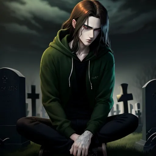 Prompt: Anime illustration of a man with long dark brown hair, soft green eyes, a carefree look, wearing a black hoodie and skinny jeans, sitting in a cemetery, gothic anime style, detailed facial features, anime, moody lighting, dark and eerie atmosphere, detailed hair, somber mood, anime, gothic, dark tones, atmospheric lighting, carefree, spirit, yokai, ghost, apparition, grave, lost, green, eye, 