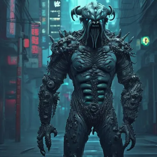 Prompt: Kraken 20% human 80%. futuristic. Part bionic. Muscular, neo Tokyo. Dark. Moody. Visceral. Harsh shadows. King Triton armour. Mostly human
