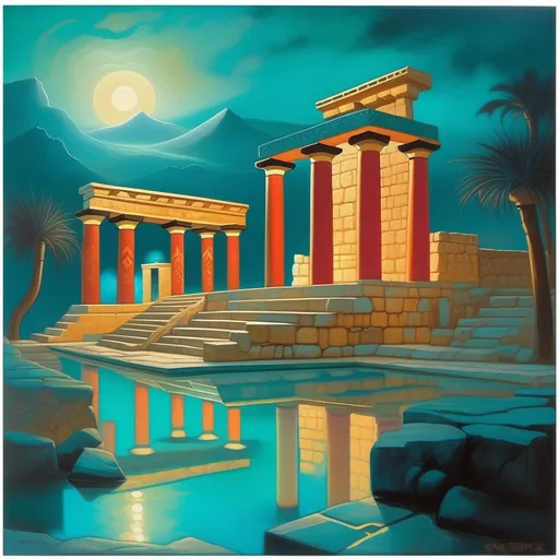 Prompt: Knossos Palace at night, bronze age, minotaur, fog, cold teal atmosphere, cartoony style, extremely detailed painting by Greg Rutkowski and by Henry Justice Ford and by Steve Henderson 


