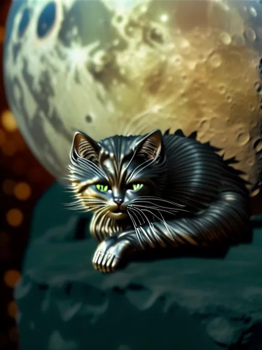 Prompt: Portrait of a Metallic alien cat on the moon, photorealistic