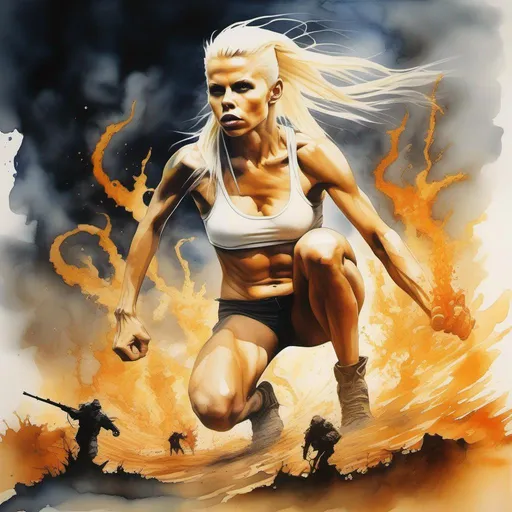 Prompt: Yolandi Visser as nudist hot muscular blonde girl in a blazing nuclear wasteland, bizarre lovecraftian tentacled monsters, fighting for survival, time is running out, hyper detailed, photorealistic, ink splash, watercolor art, highres, intense dramatic volumetric lighting