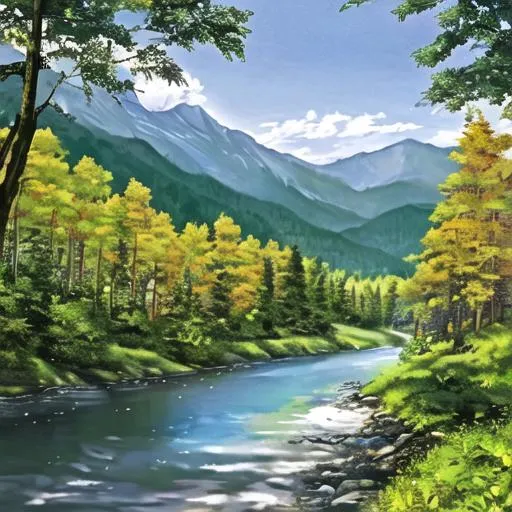 summer,forest,river,sun,mountain | OpenArt