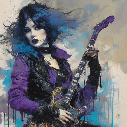 Prompt: Portrait of an gothic beautiful guitarist girl playing an electric guitar art by Jean giraud, Conrad Roset, john blanche, kent morkman, Chris Bachalo, Benedick Bana, William burroughs, calligraphy smoke inking, dripping black, purple blue and gold paint, Intricate portrait of ornate gothloli in ragged punk fashion, futuristic tattered rags, stylized fantasy art by wlop, artgerm, peter mohrbacher, bloodborne concept art, kentaro miura, kevin oneill, frazetta, trending on artstation, Masaaki asamoto beksinski frank miller lee bermejo Marc Simonetti egon schiele Joaquín Sorolla Simon Stalenhagmat brown  Matti Suuronen Jeffrey Larson druillet Tom Thomson Ross Tran James Turrell Van Gogh frazetta Rembrandt Louis Wain