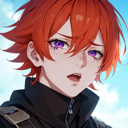 Prompt: Erikku male adult (short ginger hair, freckles, right eye blue left eye purple) UHD, 8K, Highly detailed, insane detail, best quality, high quality,  anime style, in purgatory, yelling, crying out for help