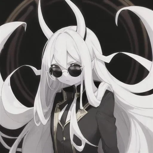 Prompt: shadowy background , long white hair , white skin , girlish guy , round rim shades , horns , black suit