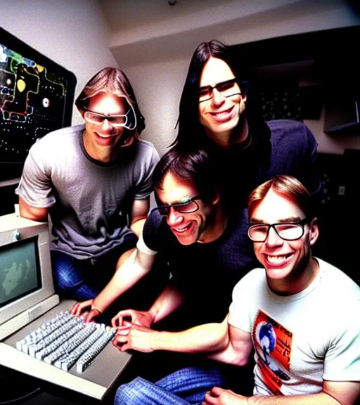 Prompt: John Carmack and John Romero developing Doom, 1992.