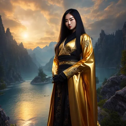 Prompt: create best quality photograph of beautiful female ninja who is wearing golden ninja style robes,  night and beautiful sky as background, detailed face, extremely detailed environment, extremely detailed background, extremely detailed skin, extremely detailed clothing, natural colors , professionally color graded, photorealism, 8k, realistic, moody lighting, galactic environment, volumetric lighting