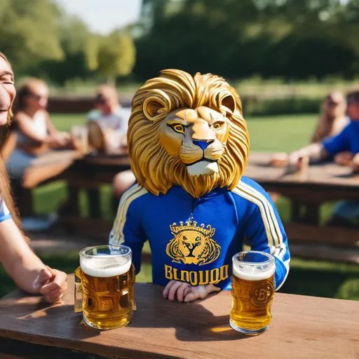 Prompt: a smiling lion sits at a picnic table wearing a royal blue and gold track suit with larger stein of beer in a beer garden with friends looking at a smart phone 