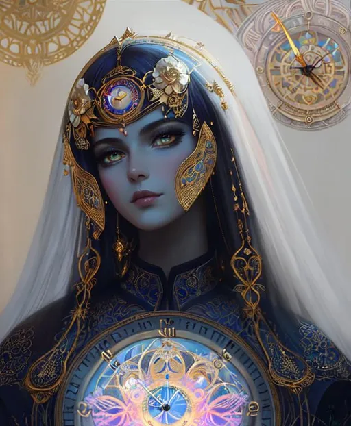 Prompt: A time clock beautiful goddess. She controls the time. Beautiful symmetrical face. Light golden eyes. Internal Clocks parts all over her beautiful gradient blue dress. A very elaborate illuminated magical colorful fractal clock on the center of her chest. Opalescent skin glow. Intricate metallic details. beautiful background. Art by Tom Bagshaw, Karol bak, catrin Welz-Stein, Josephine wall, Sherry Akrami, artgerm, Alex Alemany. Best quality, cinematic smooth, highly detailed, beautifully lit. 