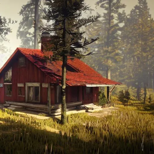 Prompt: small modern house in the woods, modern architecture, in the style of red Dead Redemption 2, concept art, artstationsmall old wooden house in the woods, in the style of Red Dead Redemption 2, by greg manchess and jake parker