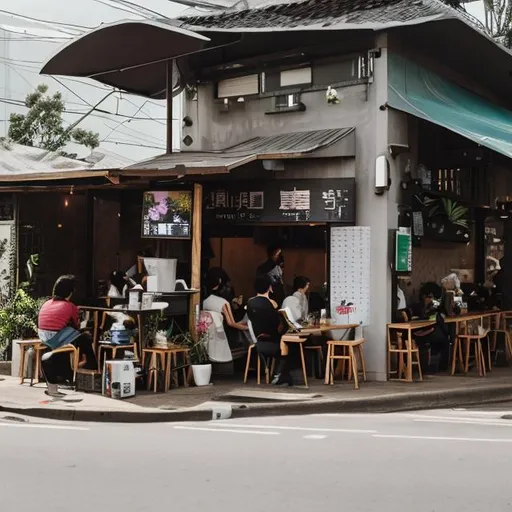 Prompt: an urban coffee shop along the roadside during off-peak hour