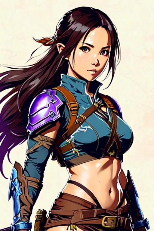 Prompt: Breath of the wild Art (((Yoji Shinkawa))), sticker of ultra detailed portrait of Olivia Munn in detailed purple heavy ninja tactical armor, high quality cell shaded illustration in post apocalyptic style by Yoji Shinkawa, ((full body)), dynamic pose, perfect anatomy, centered, freedom, soul, black long hair,tan skin approach to perfection, cell shading, 4k , cinematic dramatic atmosphere, watercolor painting, global illumination, detailed and intricate environment, artstation, concept art, fluid and sharp focus, volumetric lighting, cinematic lighting, Art by Ilya Kuvshinov
