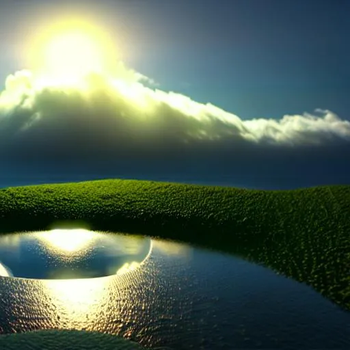 Prompt: interesting landscape, liminal space, heavenly lighting, mysterious body of water in view, strange clouds in the sky, 3d blender render, highly detailed