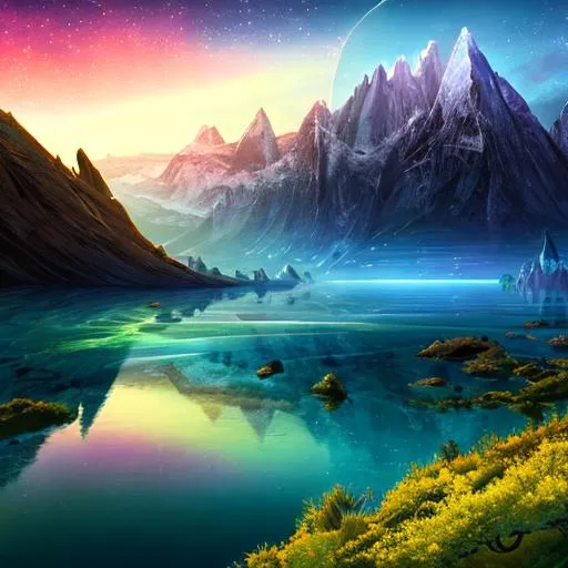 Prompt: Lovecraftian highly futuristic new planet landscape beautiful lake