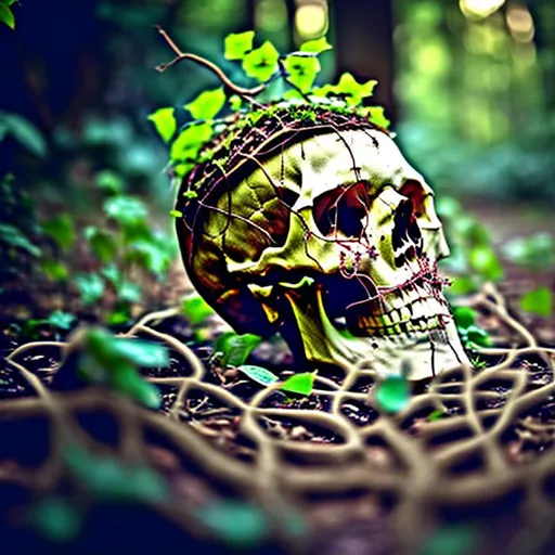 Prompt: Skull laying on the ground with vines growing through it