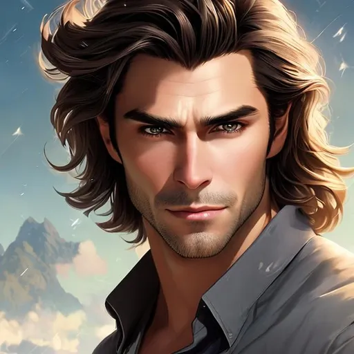 Prompt: Portrait of a {vampire}, perfect skin, male 35 years old,  handsome face, fantasy, gray stormy eyes, brown extremely long feminine hair like tarzan, hair falling over his shoulders,  very little eyebrows, long intense lighting, detailed face,  intense mood, wearing a dress shirt, wine vineyards, by makoto shinkai, stanley artgerm lau, wlop, rossdraws, concept art, digital painting, looking into camera, sunset