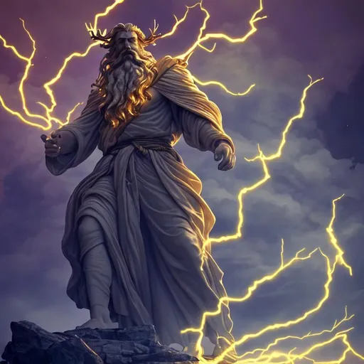 Prompt: stone statue of man, majestic flowing robe, golden highlights, majestic rugged beard, glowing eyes, angry, casting thunder magic, floating in outer space, glowing golden antlers, dark gas clouds, cosmic scene, yellow lightning, masterpiece, ultra hd, 4k, dynamic lighting, photorealistic