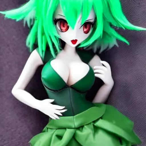 Prompt: doll green hair red eyes green dress