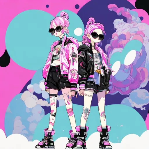 Prompt: wide standing view, full body view, cute petite 21 year old anime girl with curves, pink hair with two braided pigtails, making peace sign with one hand and holding katana with other hand, white oval sunglasses, puffy bomber jacket, black cutoff daisy dukes, black combat boots, highly stylized artstyle, standing by ducati supersport, background digital painting, abstract neon tokyo background, wide view, digital illustration, ultra hd, hd photography, ,extreme long shot, telephoto lens, motion blur, wide angle lens, deep depth of field, warm