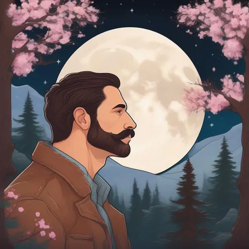 Prompt: A profile beautiful and colourful picture of a handsome man with brunette hair and a mustach, is surrounded by Sitka Spruce trees, cherry blossom flowers, a brown bear, framed by the moon and constilations