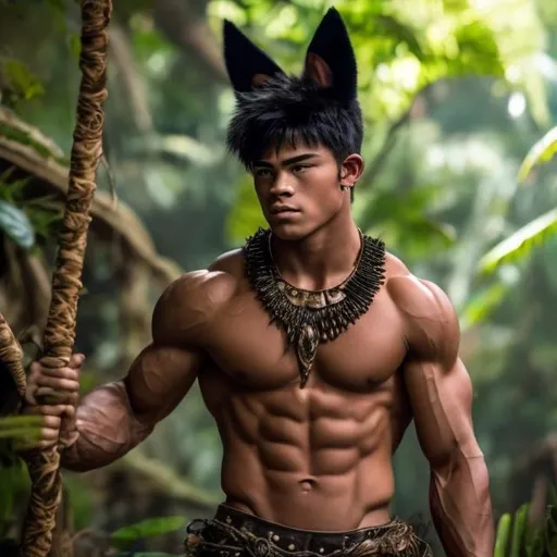 A ripped muscular teenage warrior with animal ears a