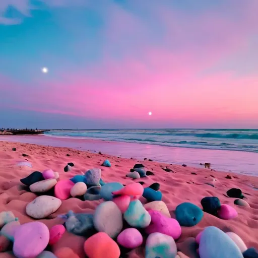 Prompt: cotton candy skies with a no trees and beach made of few glowing pebbles