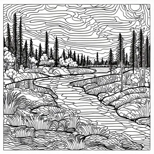 Prompt: coloring page, river landscape. vintage, view, for adults.