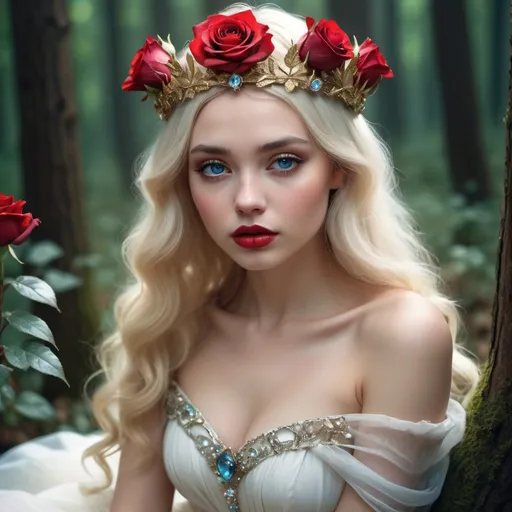 Prompt: Fairy tale, beautiful girl with white skin, (perfect face), light golden hair, blue pupils, red lips, forest style, mysterious, vintage fashion-dresses, with a transparent crystal crown on her head, the woman's body is so white Glows, (high detail) sitting on an oversized red rose, hyperdetail, ultra high definition.