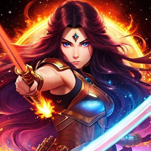 Prompt: A strong warrior woman holding a sword with a shield is destroying a galaxy,long hair,flaming sword, into cosmic space, fighting against space,red eyes,