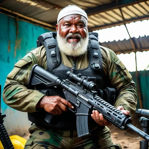 Prompt: (a dark-skinned bearded tall fat old man in a bulky army camouflage zipper diver suit) holding a gun, muscular, Bruce Onobrakpeya, sumatraism, stanley artgermm, action, fierce, snarling, best quality
