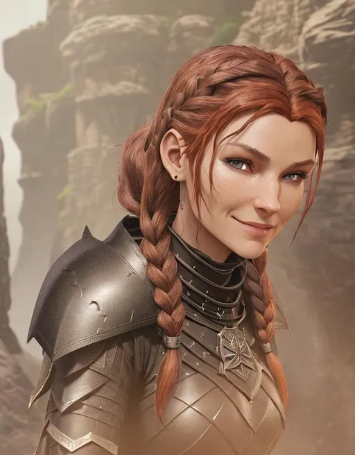 Prompt: Digital art, black rogue gear, black adventurer armor, Medium build, slightly broad-shouldered, (((DreamShaper Version 1))), Berk of How to Train Your Dragon, viking woman, subtle smile, red hair, cornrow braids, blue eyes, ((black gear, black armor,)) unreal engine, 8k octane, 3d lighting, full body, full armor