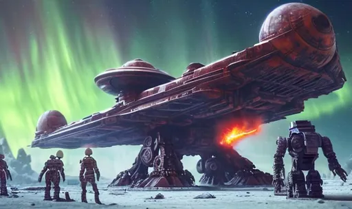 Prompt: ancient huge old rusty spaceship getting repaired  by robots dead planet sparks fire welding people working aurora many colours  enhance detail turret on spaceship real soldier thin landing gears symmetrical ship laser warzone dead body's on ground gun fight pew pew