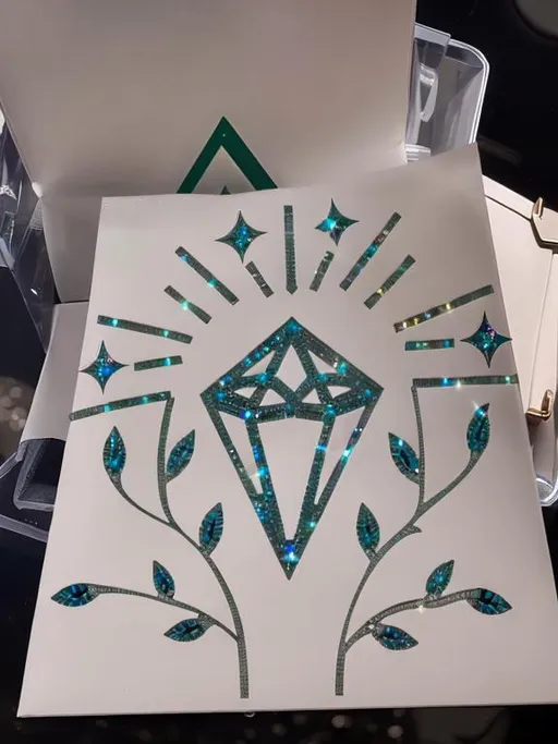 Prompt: Business Logo, sparkling diamond upheld between two branches with leaves