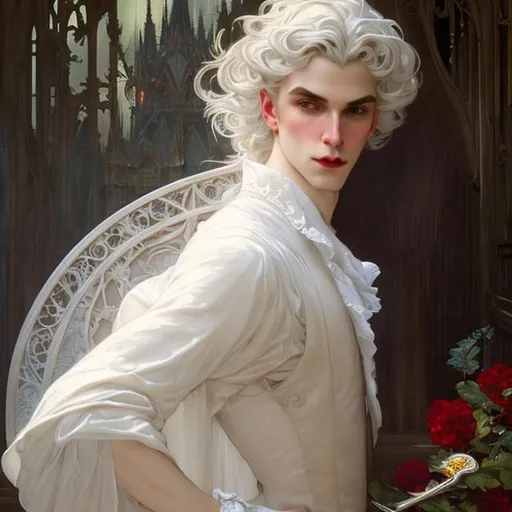 Prompt: Full body splash art of skinny male vampire, androgynous, handsome, short {WHITE} hair, pale skin, victorian clothes, elegant, highly detailed, intricate, smooth, sharp focus, artstation, digital painting, concept art, art by greg rutkowski, alphonse mucha and John William Waterhouse, dark, romantic, flirty, charming, hedonistic, decadent, wine