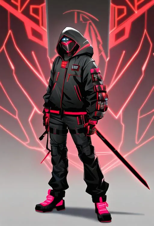 Prompt: Male character, black but red neon gas mask, cyber netrunner hood (black but neon red), neon red Sword In its Back, Red Mecha Cyber Jacket, black jeans, red shoes