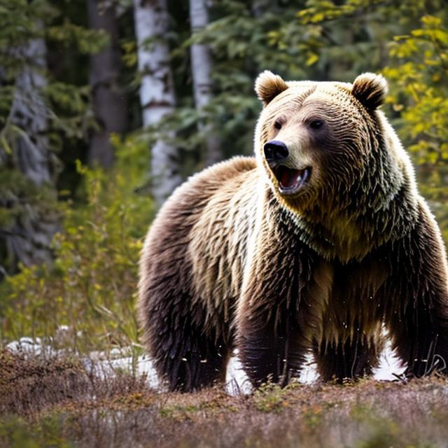 Grizzly bear roaring in the woods