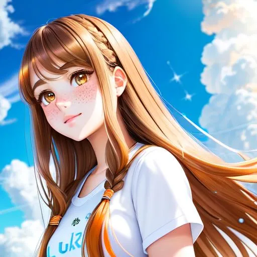 Prompt: full body picture of 1 girl, with brown long hair, add freckles on her face, Ultrarealistic hair strings, golden eyes, beautiful eyes, detail, kawaii face, cute, correct anatomy, cumulonimbus clouds, lighting, detailed sky, garden, pastel mix, orange model mix, stable diffusion, pastel mix, Lora, add face details, eyelashes, oil painting, masterpiece, Dynamic range photo, UHD quality, true color, vivid display, Real Renaissance art, oil painting, HDR, 64K pixels, Super AMOLED display, High Contrast, Lord of the rings, Game of Thrones, golden light, angel, details on face, details on background, ultrarealistic fantasy background, 