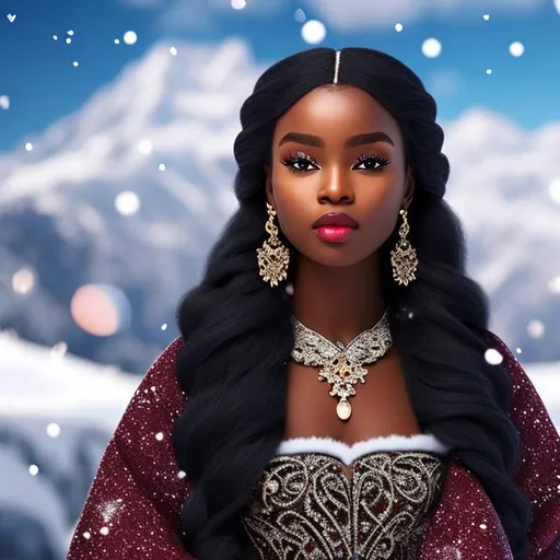 Prompt: High quality ice kingdom Nigerian Princess with black with snow flakes long hair, hyper realistic, brown eyes, cherry lips, smooth and soft skin, 4HD, 1080p. Sparkles, renaissance dress