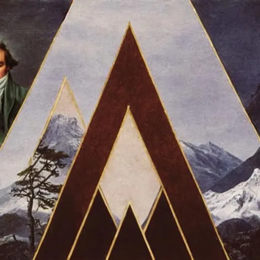 Prompt: 
In the image, there are three triangles arranged in a vertical column. The first triangle at the top features a breathtaking landscape of majestic mountains, with snow-capped peaks and lush green foliage in the foreground. The second triangle in the middle contains an image of Beethoven, the renowned composer and pianist, depicted in a regal pose with his hands on the keys of a piano. In the third triangle at the bottom, there is a close-up view of Beethoven's original musical sheets, with handwritten notes and markings that hint at the genius of his compositions. Each triangle has a different background, but they are all connected by the common theme of music and nature, highlighting the importance of artistic expression and the beauty of the natural world. The image exudes a sense of harmony and balance, with the three triangles complementing each other to create a cohesive and visually stunning whole.

