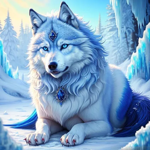 Prompt: (masterpiece, oil painting, professional, epic digital art, best quality:1.5), insanely beautiful ((she-wolf)), (canine quadruped), adolescent, ice elemental, deep blue billowing fur covered in frost, bashful hypnotic sapphire blue eyes, gorgeous 8k eyes, gorgeous silver mane covered in frost, (plump:2), finely detailed fur, hyper detailed fur, (soft silky insanely detailed fur), frozen waterfall, freezing rain, soft light, lying in frosted meadow, grassy field covered in frost, cool colors, cunning, symmetric, golden ratio, unreal engine, depth, volumetric lighting, rich oil medium, (brilliant auroras), (ice storm), full body focus, beautifully detailed background, cinematic, 64K, UHD, intricate detail, high quality, high detail, masterpiece, intricate facial detail, high quality, detailed face, intricate quality, intricate eye detail, highly detailed, high resolution scan, intricate detailed, highly detailed face, very detailed, high resolution