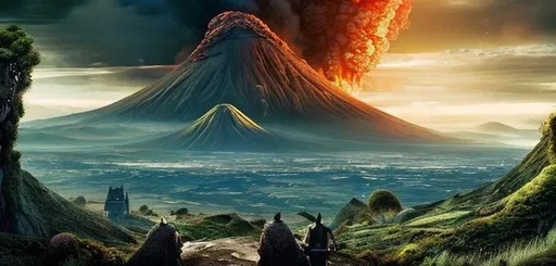 Prompt: Magical landscape with a volcano. The landscape should be horizontal. I like the theme of the movie HOBBIT
