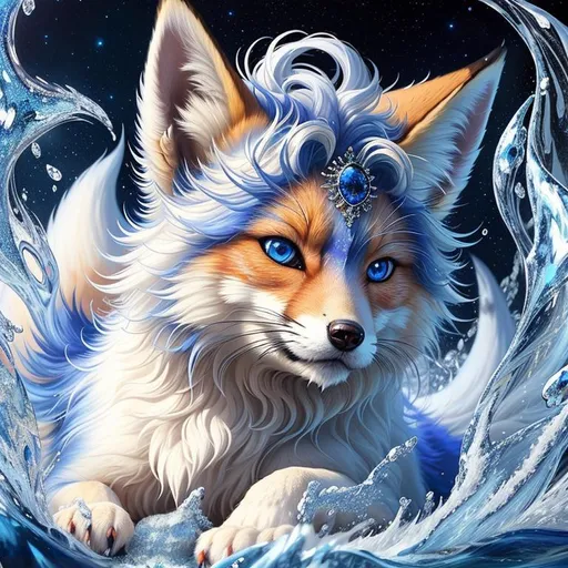 Prompt: remove watermark, (64k, masterpiece, professional oil painting, epic digital art, best quality:1.5), insanely beautiful female ((fox)), (canine quadruped), adolescent, ice elemental, deep blue-white frosted pelt, bashful hypnotic sapphire blue eyes, gorgeous frosted silver mane, (plump), (bulky), finely detailed fur, hyper detailed fur, (soft silky insanely detailed fur), moonlight beaming through clouds, frosted grassy field, cold colors, professional, symmetric, golden ratio, unreal engine, depth, volumetric lighting, rich oil medium, (brilliant auroras), (ice storm), full body focus, beautifully detailed background, cinematic, 64K, UHD, Yuino Chiri, intricate detail, high quality, high detail, masterpiece, intricate facial detail, high quality, detailed face, intricate quality, intricate eye detail, highly detailed, high resolution scan, intricate detailed, highly detailed face, very detailed, high resolution, perfect composition, epic composition