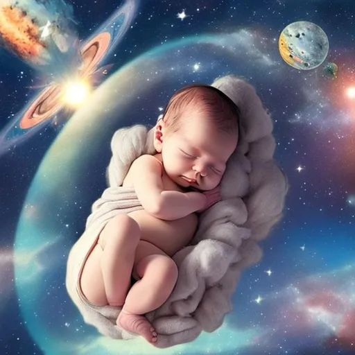 Prompt: a baby in space in the fetal position sleeping in gods arms
