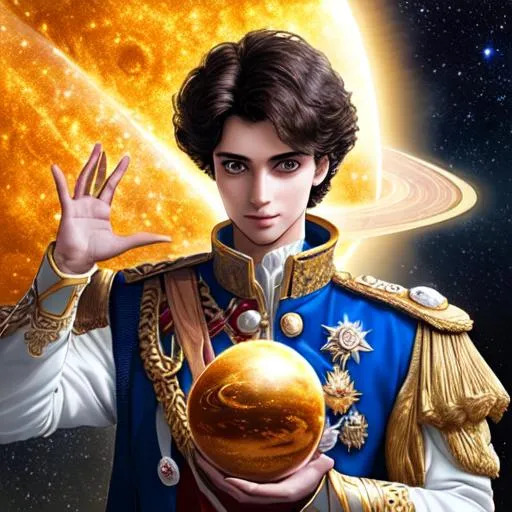 Prompt: A 25 years old prince is holding the ultrarealistic solarsystem in his hands. Photorealistic.