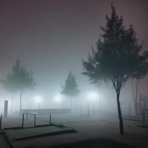 Prompt: concrete park at night with fog


