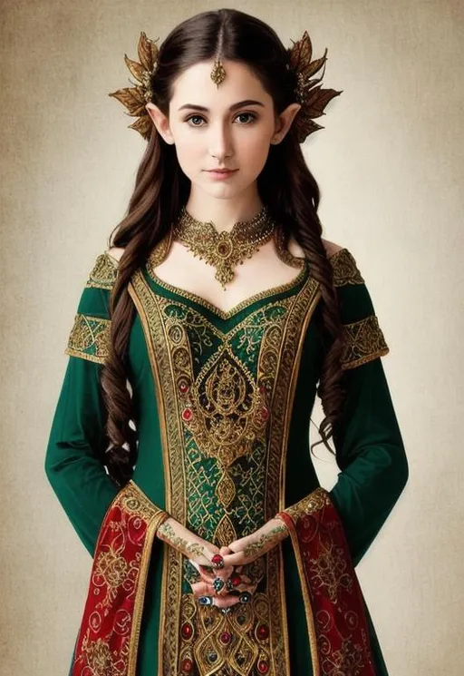 Prompt: Full color portrait of a ornate and intricately detailed young elvish woman, full body