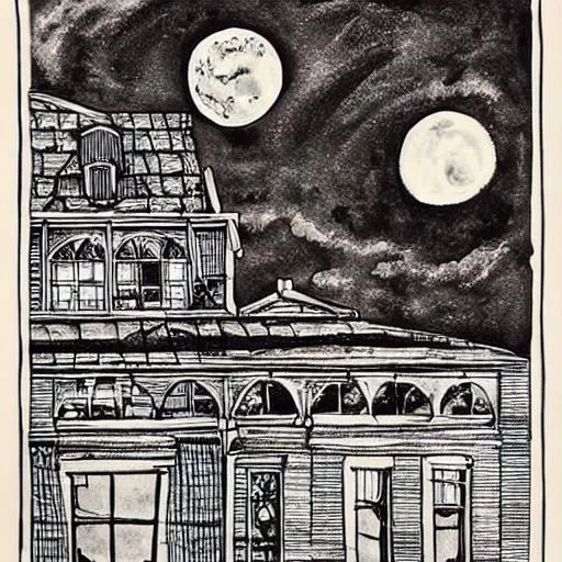 Prompt: victorian building on fire, night, 1 moon in sky, heavy ink, monochrome
