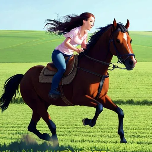 Prompt: a girl galloping with her horse in the field with no saddle